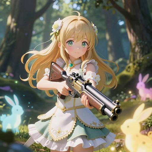 Anime Girl with Enchanted Gun in Mystical Forest