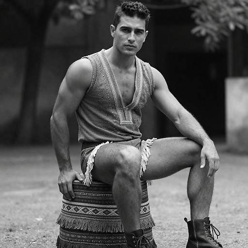 Black-and-White Muscular Man on Fringed Stool