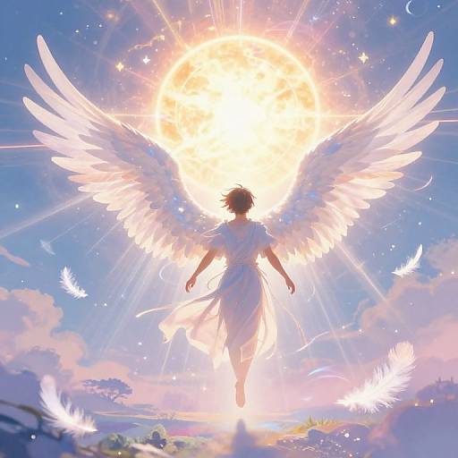 Digital anime-style illustration of a silhouetted angel with radiant white wings and flowing white dress, standing in bright sunlight amidst a cloudy sky with floating