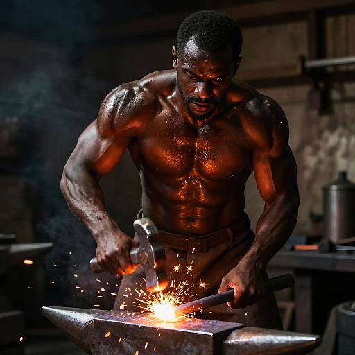 Muscular Blacksmith Forging Metal