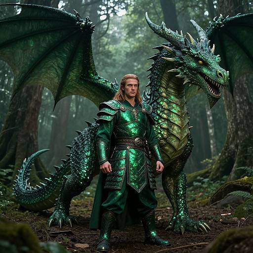 Photorealistic digital artwork of a blond man in shiny green dragon armor standing beside a large, green-scaled dragon in a misty forest.