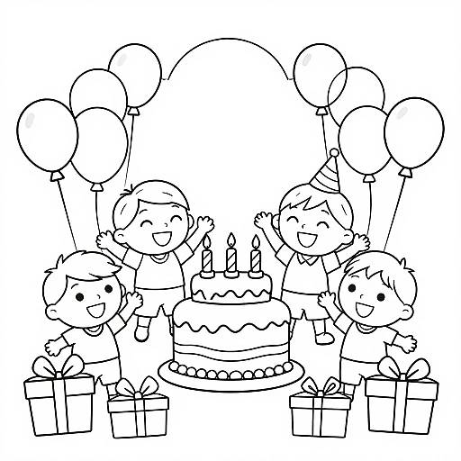 Black-and-white line drawing of six smiling children celebrating a birthday with balloons and gifts around a cake with candles.