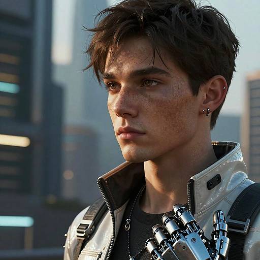 Photorealistic CGI of a young, freckled, dark-haired man with earrings, wearing a futuristic white jacket, standing in a cityscape.