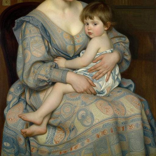 Digital painting of a fair-skinned woman in a blue patterned dress holding a chubby, fair-skinned baby with light brown hair in a white diaper