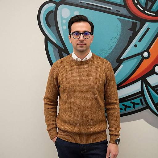 Man in Brown Sweater at Office