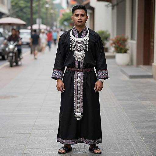 Photograph of a young Asian man standing on a city sidewalk, wearing a black traditional Indonesian garment with white embroidery, brown belt, and sandals, amidst
