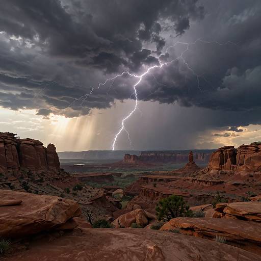 Photograph of a dramatic lightning strike over a vast, rugged desert landscape with red rock formations, dark storm clouds, and bright sunlight breaking through.