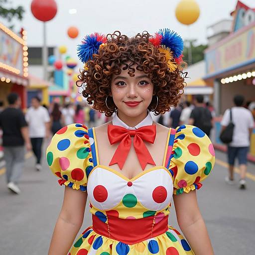 Photograph of a curly-haired woman in a colorful clown dress with polka dots, red bow, and pom-pom headpiece, smiling in a