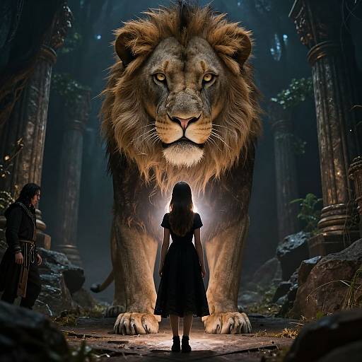 Digital fantasy artwork of a girl in a black dress facing a massive, glowing-eyed lion in a dark, ancient forest.