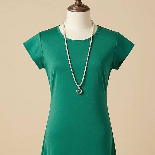 Photograph of a green short-sleeved dress on a white mannequin, adorned with a long silver necklace featuring a circular pendant, against a