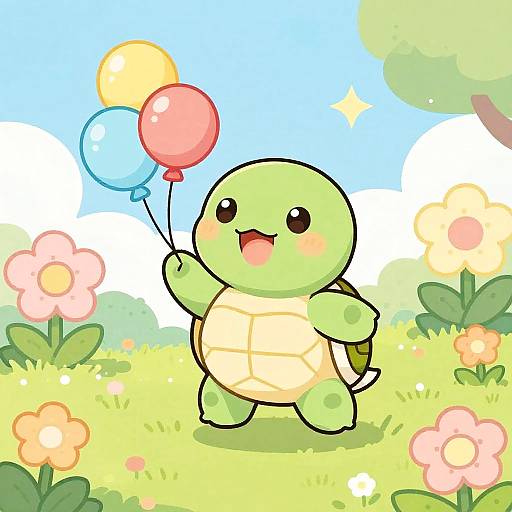 Kawaii Turtle with Colorful Balloons