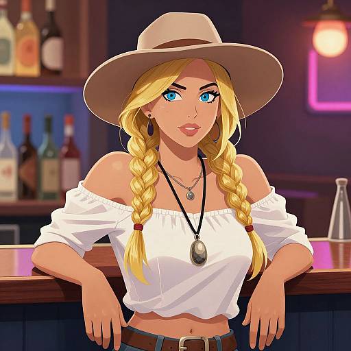 Digital anime-style drawing of a blonde woman with blue eyes, wearing a white off-shoulder top, braided hair, and a cowboy hat,