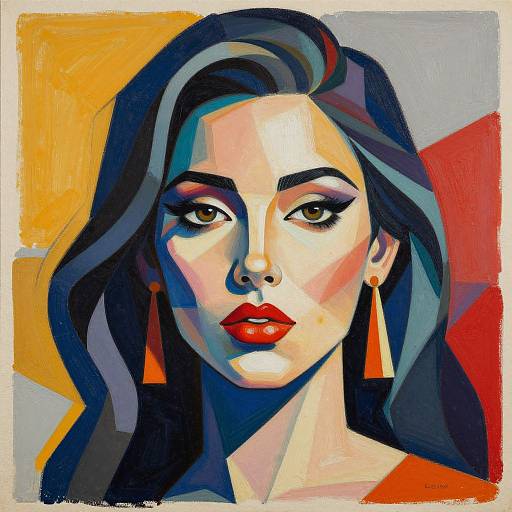 Stylized digital painting of a woman with long dark hair, red lips, bold eyeliner, and orange triangular earrings, set against a colorful abstract