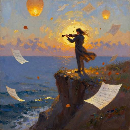 Windswept Violinist at Golden Hour Cliff