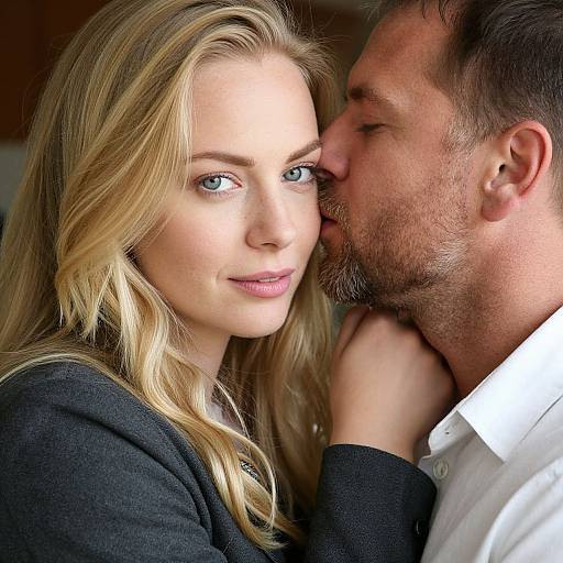 Photograph of a blonde woman with blue eyes and light makeup, wearing a black top, leaning close to a bearded man with short brown hair,