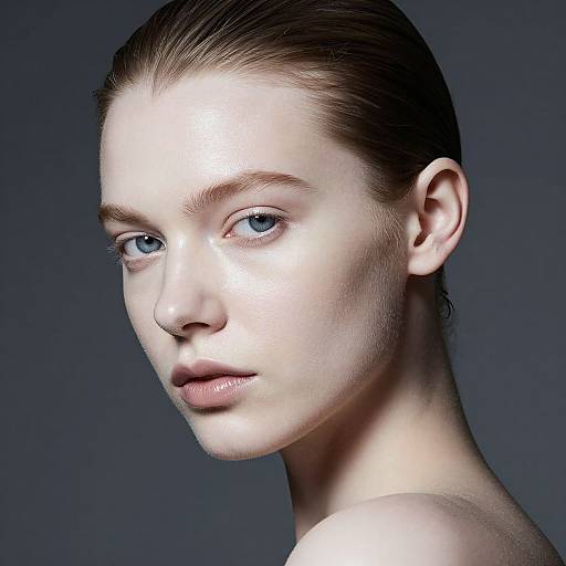 Photograph of a pale-skinned, blue-eyed woman with slicked-back brown hair, bare shoulders, and a serious expression against a dark gray background