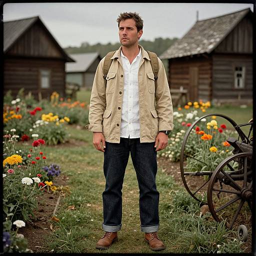 Photograph of a bearded man in a beige jacket, white shirt, and blue jeans, standing in a colorful flower garden with rustic wooden houses and