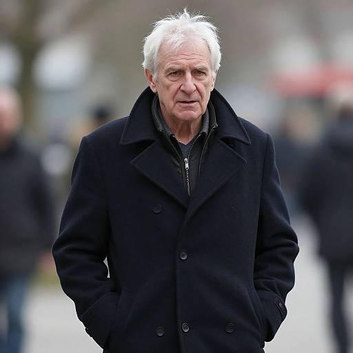 Photograph of an elderly white man with white hair, wearing a black coat and black shirt, standing outdoors with a blurred background. Hands in pockets,