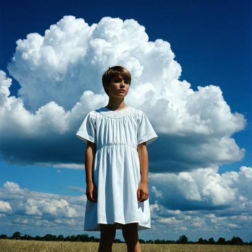 Boy in White Dress Under Cloudy Sky