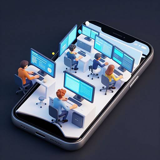 CGI illustration of six diverse, cartoon-style employees working at white desks with blue-lit computers inside a large smartphone on a dark background.