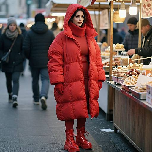 Photograph of a woman in a bright red puffer coat, matching turtleneck, and red boots, standing at a bustling outdoor market stall.