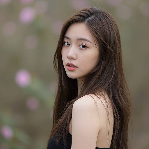 Photograph of an East Asian woman with long, straight dark brown hair, wearing a black top, looking over her shoulder against a blurred green and pink