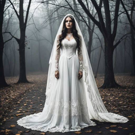 Woman in Ghostly White Wedding Gown in Foggy Forest