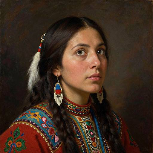 Photorealistic portrait of a young Native American woman with dark hair, braids, and traditional jewelry, wearing an ornately embroidered red dress against a