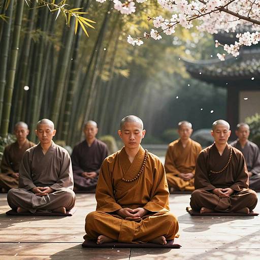 Zen Monks Meditating Amid Cherry Blossoms