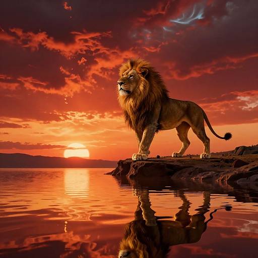 Photorealistic image of a majestic lion standing on a rocky ledge at sunset, with vibrant red, orange, and purple sky, reflecting in calm water