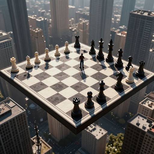 Photorealistic CGI: Floating chessboard with black and white pieces, hovering above a cityscape of tall skyscrapers, with sunlight casting dramatic shadows