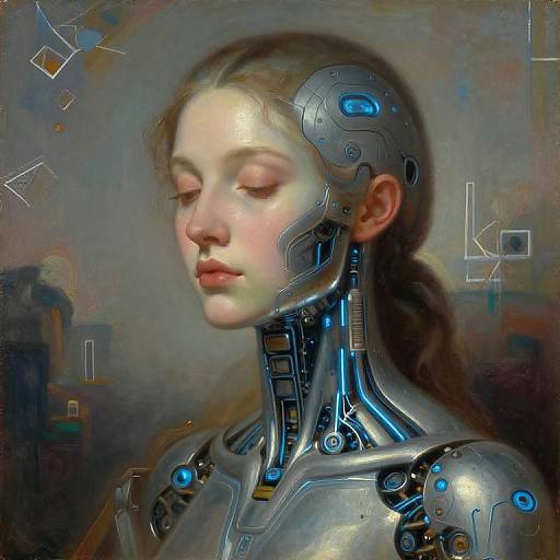 Digital painting of a serene, cybernetic woman with fair skin and brown hair, featuring glowing blue robotic enhancements on her head and neck, set against