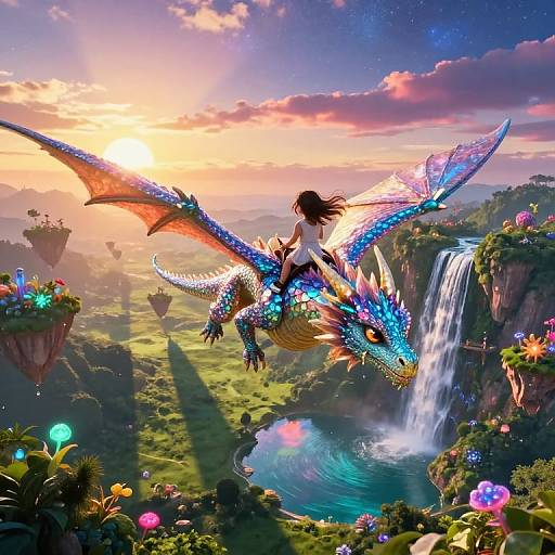 Digital fantasy artwork: A woman with flowing black hair rides a blue, bioluminescent dragon above a lush, flower-filled landscape with a waterfall,