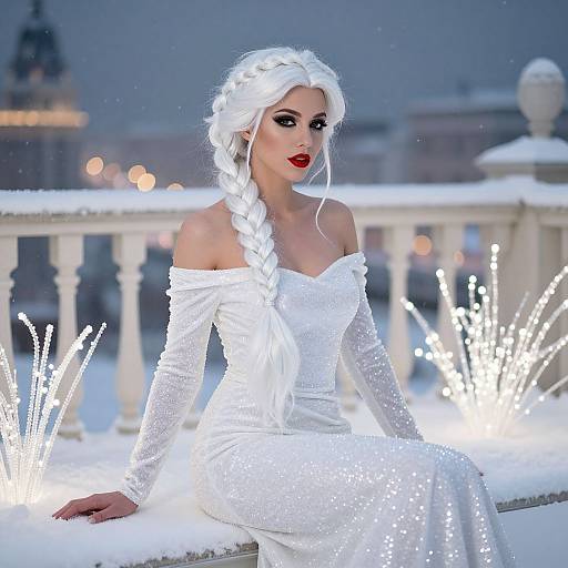 Photograph of a white-haired woman in a sparkling off-shoulder white dress, sitting on a snow-covered balcony at night, surrounded by glowing lights