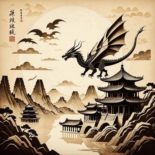 Chinese Kirigami Dragon Over Ancient Temples