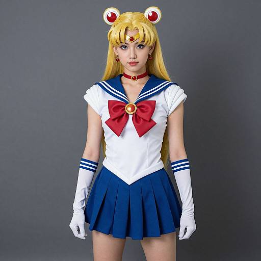 Photograph of a young woman cosplaying Sailor Moon, wearing a sailor-style outfit with a red bow, blue skirt, white gloves, and blonde hair