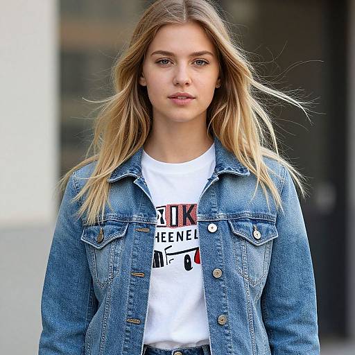 Photograph of a young woman with long blonde hair, wearing a denim jacket over a white graphic tee, standing outdoors.
