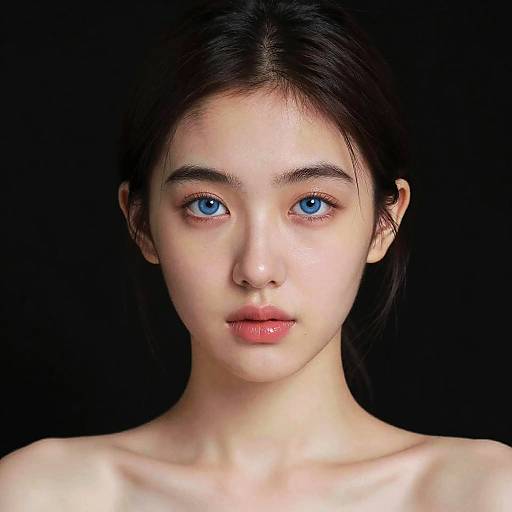 Photograph of a young Asian woman with striking blue eyes, fair skin, and dark hair, set against a black background. She has a neutral expression
