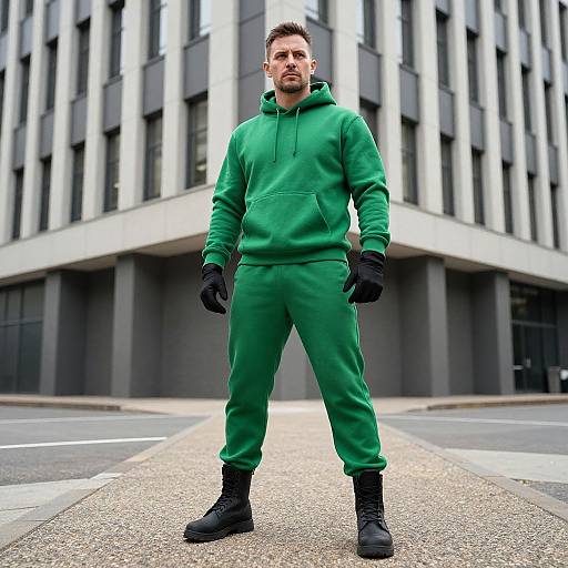 Photograph of a serious man in green hoodie, pants, black gloves, and boots, standing confidently in front of modern urban building.