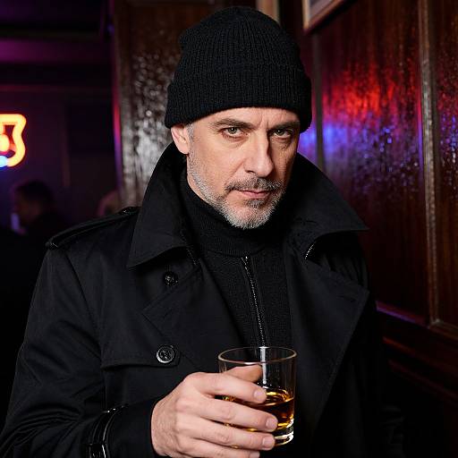 Photograph of a middle-aged man with gray beard, wearing black beanie, coat, and holding a glass of whiskey, in a dimly lit