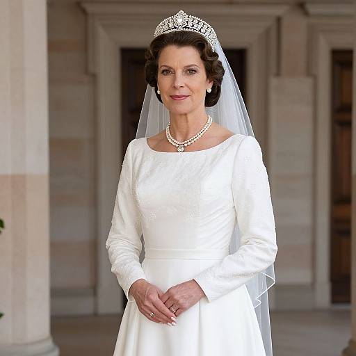 Photograph of an elegant mature woman in a white wedding dress, pearl necklace, tiara, and veil, standing in front of a stone building.