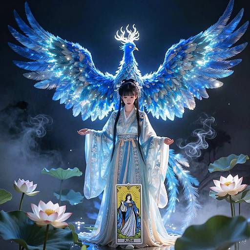Digital art of a young woman in a glowing blue kimono, surrounded by a radiant blue phoenix, lotus flowers, and a tarot card.
