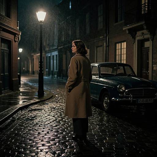 Photograph of a woman in a brown coat standing on a wet, cobblestone street at night, illuminated by streetlights, with a vintage car