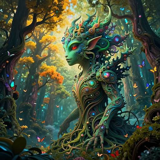 Digital fantasy art: mystical, green, horned creature with intricate, glowing, biomechanical armor in vibrant forest, surrounded by colorful butterflies and sunlight