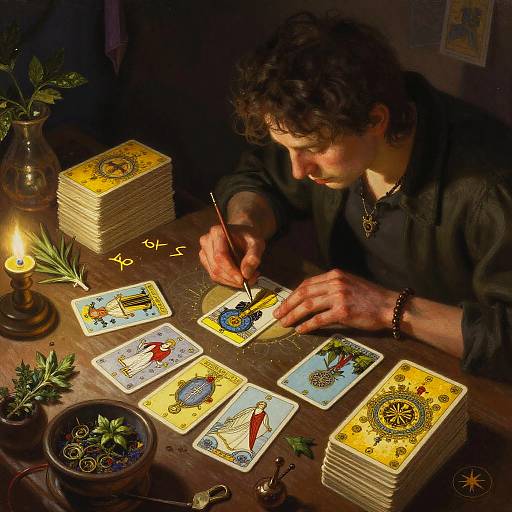 A young man with curly hair, wearing a black shirt, illuminates tarot cards with a candle, surrounded by herbs and stacked decks.
