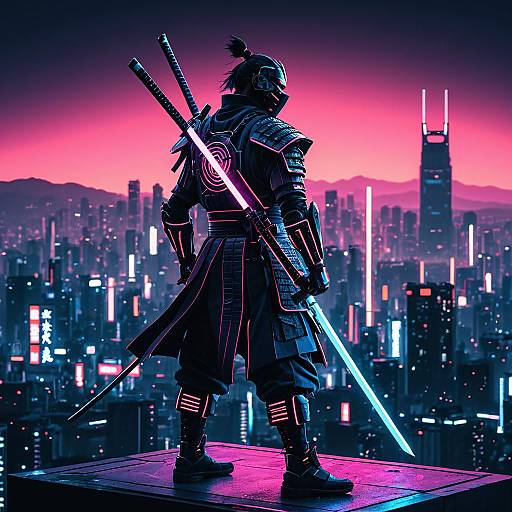 Futuristic Mechanical Samurai in Neon City