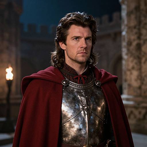 Photograph of Matthew McConaughey in medieval armor with a red cloak, standing in a dimly lit stone castle at night.