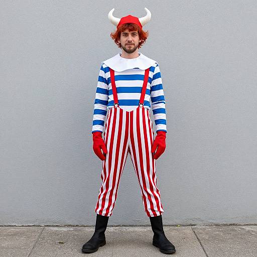 Photograph of a bearded man in a red horned hat, white and blue striped shirt, red suspenders, and red-striped pants, standing