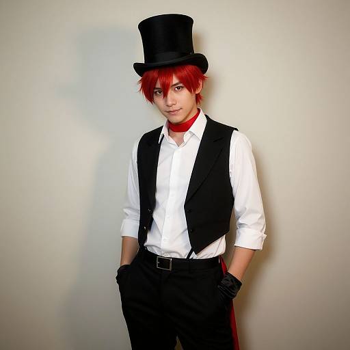 Photograph of a young man with red hair, wearing a black top hat, white shirt, black vest, and black pants, with hands in pockets