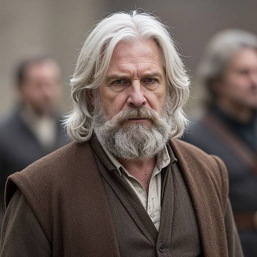 Photograph of an elderly man with long white hair and a full gray beard, wearing a brown coat over a beige shirt, standing outdoors with blurred older